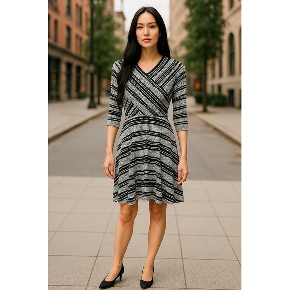 BCBGMAXAZRIA Women's S Black & Gray Dotted Geo Knit Fit & Flare Dress-Casual - Picture 1 of 12